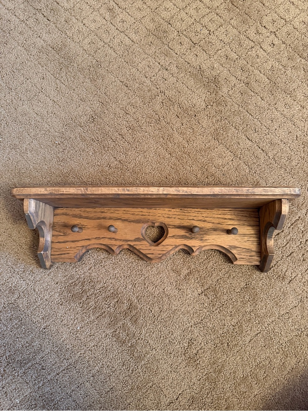 Vintage Hand Made Wooden Heart Shelf with 4 Pegs Grandma Cottage Core Decor